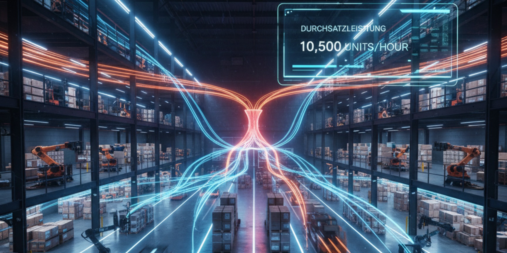 A futuristic representation of a state-of-the-art logistics warehouse with dynamic, glowing tracks that symbolize the flow of goods and data. At the center is a digital display with the inscription